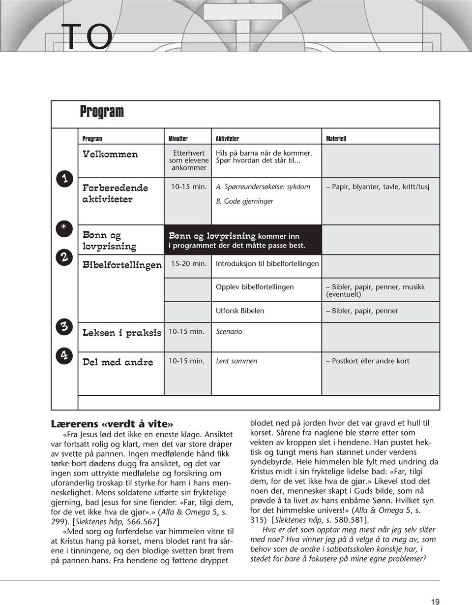 Introduksjon til bibelfortellingen Opplev bibelfortellingen Bibler, papir, penner, musikk (eventuelt) Utforsk Bibelen Bibler, papir, penner 3 Leksen i praksis 10-15 min.