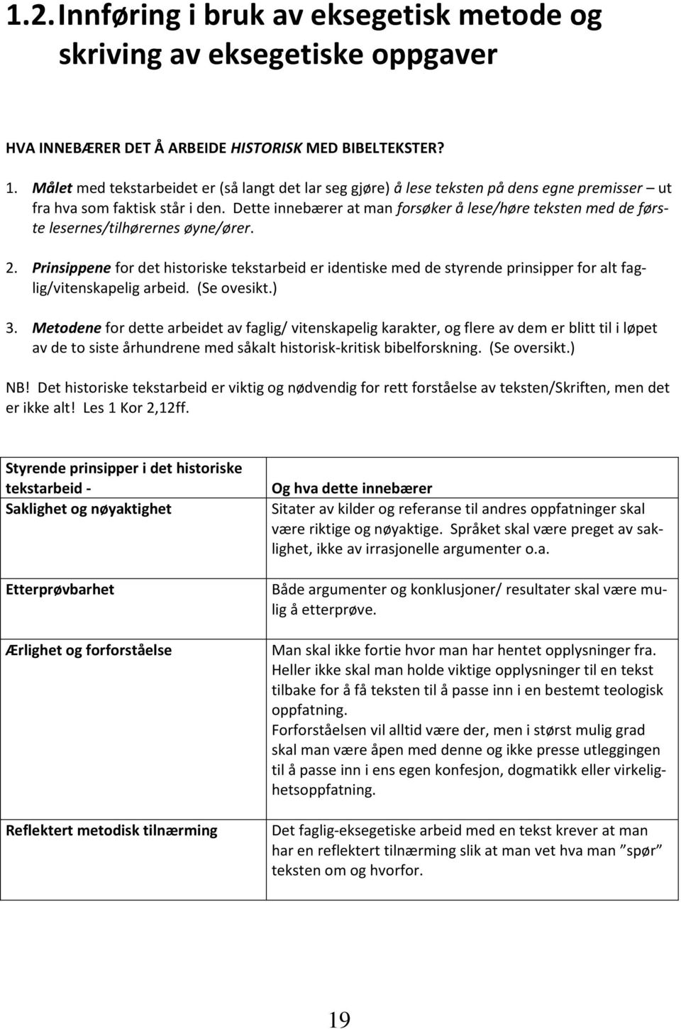 Dette innebærer at man forsøker å lese/høre teksten med de første lesernes/tilhørernes øyne/ører. 2.