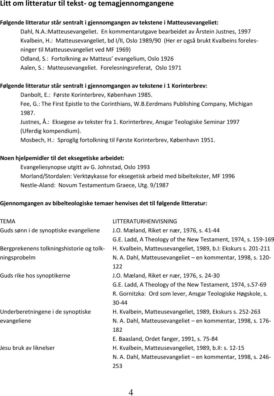 : Fortolkning av Matteus evangelium, Oslo 1926 Aalen, S.: Matteusevangeliet. Forelesningsreferat, Oslo 1971 Følgende litteratur står sentralt i gjennomgangen av tekstene i 1 Korinterbrev: Danbolt, E.