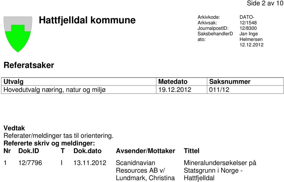 Refererte skriv og meldinger: Nr Dok.ID T Dok.dato Avsender/Mottaker Tittel 1 12/7796 I 13.11.