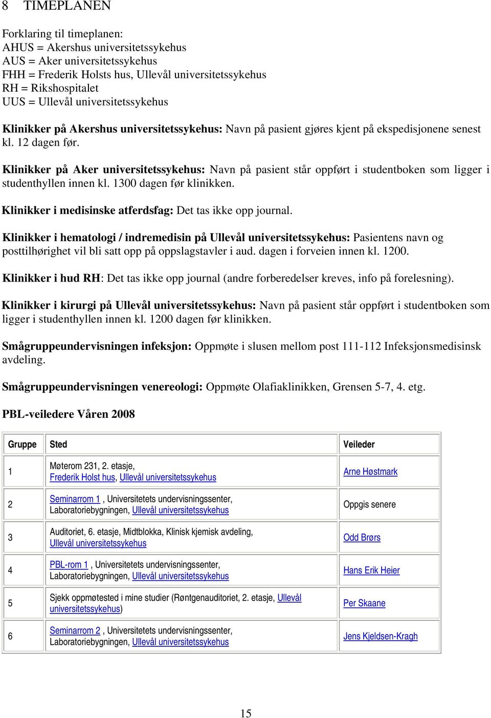 Klinikker på Aker universitetssykehus: Navn på pasient står oppført i studentboken som ligger i studenthyllen innen kl. 1300 dagen før klinikken.