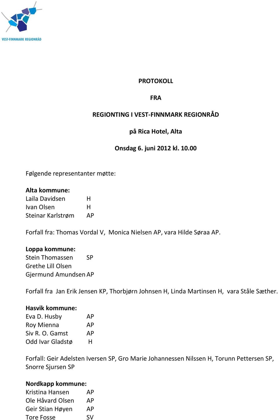 Loppa kommune: Stein Thomassen SP Grethe Lill Olsen Gjermund Amundsen Forfall fra Jan Erik Jensen KP, Thorbjørn Johnsen, Linda Martinsen, vara Ståle Sæther.