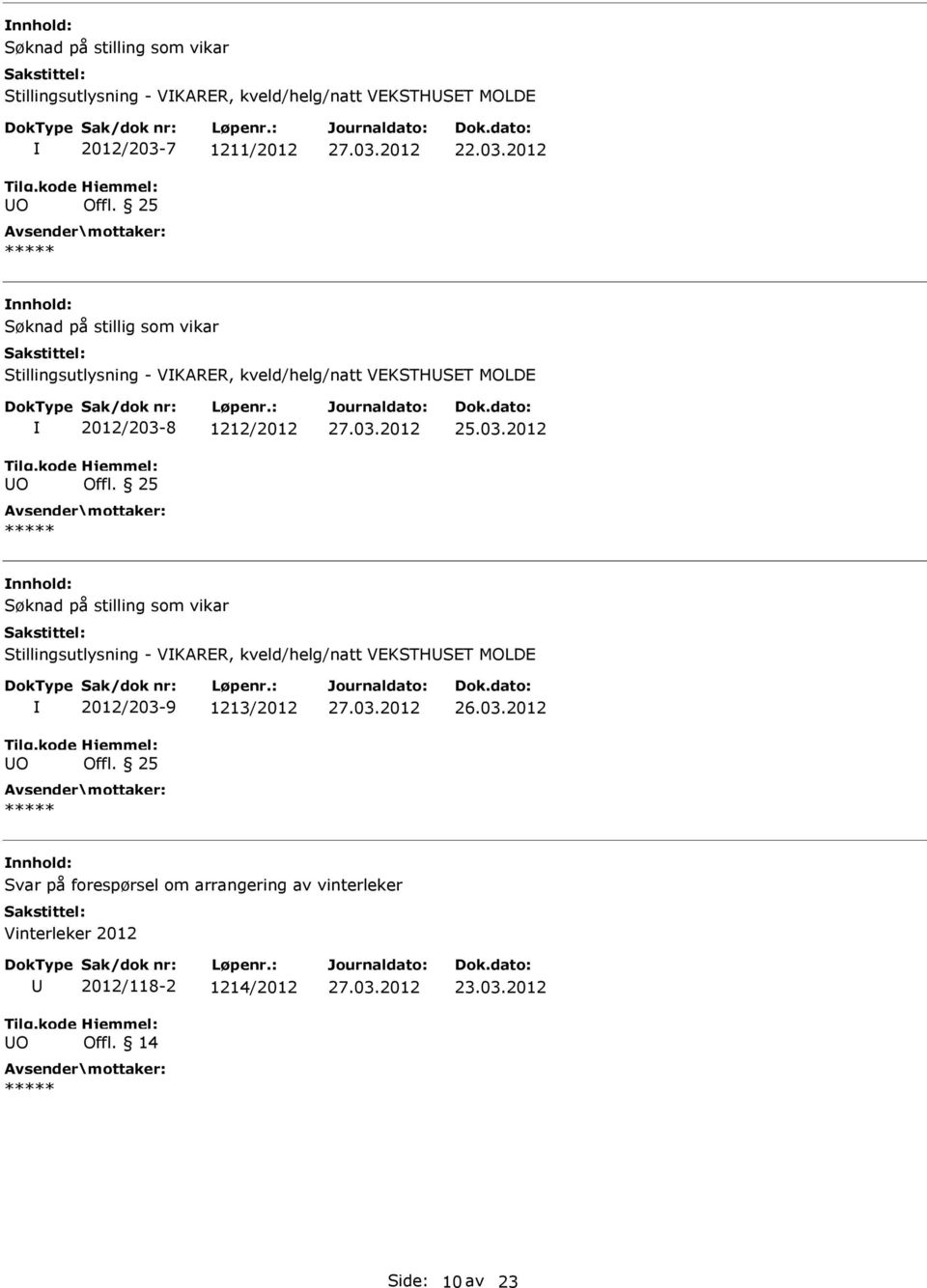 2012 Søknad på stillig som vikar Stillingsutlysning - VKARER, kveld/helg/natt VEKSTHSET MOLDE O 2012/203-8 1212/2012 Offl.