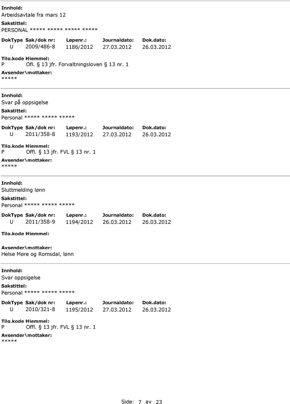 1 Svar på oppsigelse ersonal 2011/358-8 1193/2012 Sluttmelding lønn