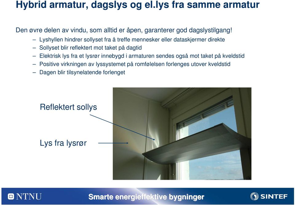 Lyshyllen hindrer sollyset fra å treffe mennesker eller dataskjermer direkte Sollyset blir reflektert mot taket på