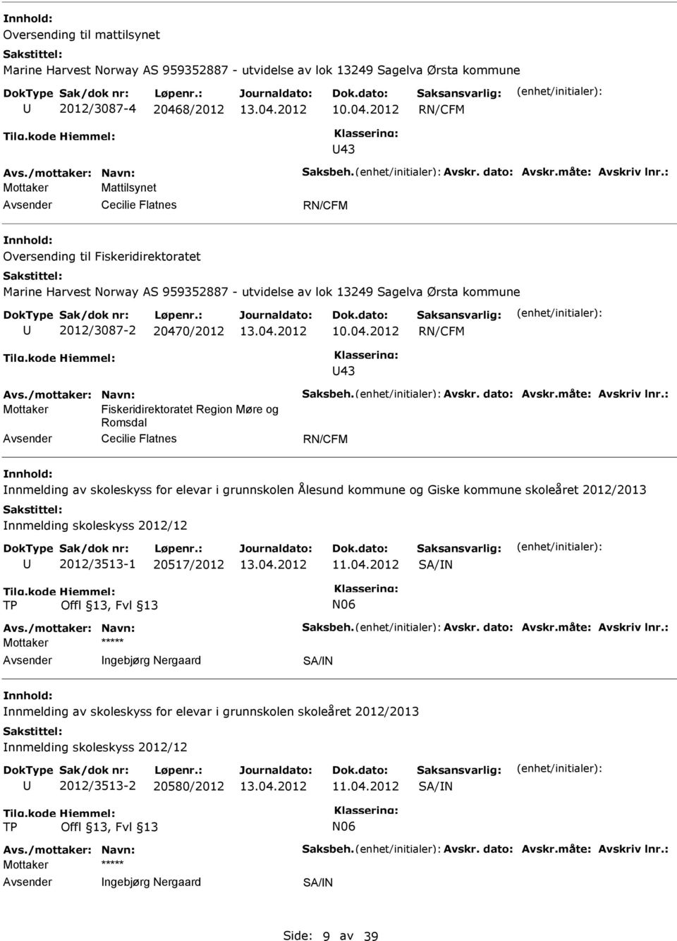 : Mottaker Mattilsynet Cecilie Flatnes Oversending til Fiskeridirektoratet Marine Harvest Norway AS 959352887 - utvidelse av lok 13249 Sagelva Ørsta kommune 2012/3087-2 20470/2012 43 Avs.