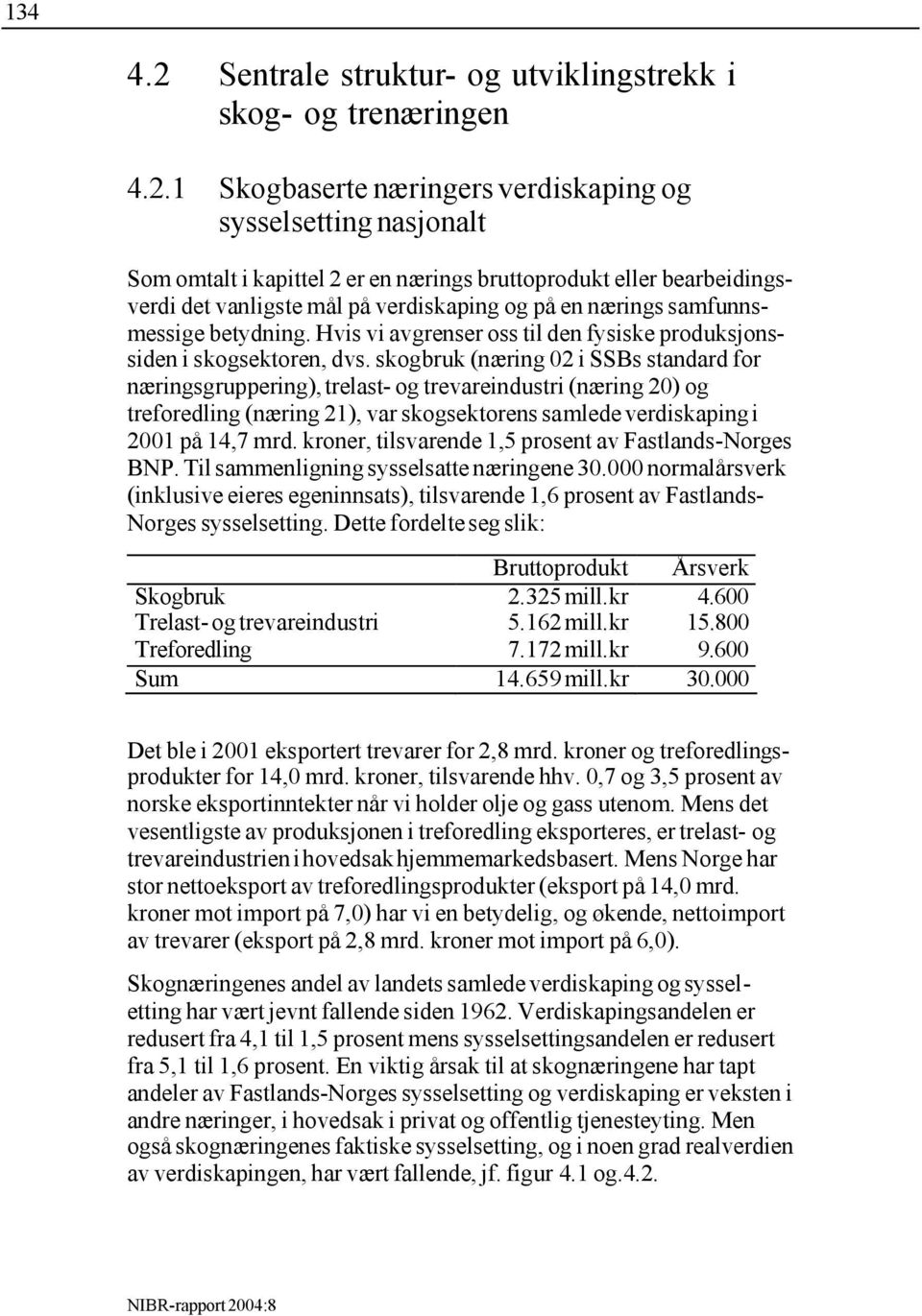 1 Skogbaserte næringers verdiskaping og sysselsetting nasjonalt Som omtalt i kapittel 2 er en nærings bruttoprodukt eller bearbeidingsverdi det vanligste mål på verdiskaping og på en nærings