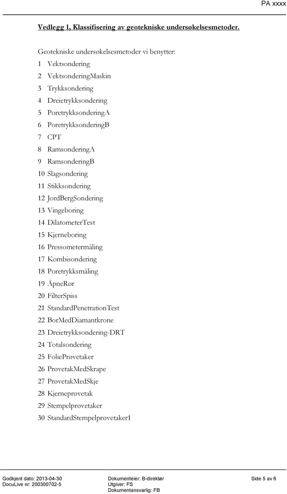 8 RamsonderingA 9 RamsonderingB 10 Slagsondering 11 Stikksondering 12 JordBergSondering 13 Vingeboring 14 DilatometerTest 15 Kjerneboring 16 Pressometermåling 17