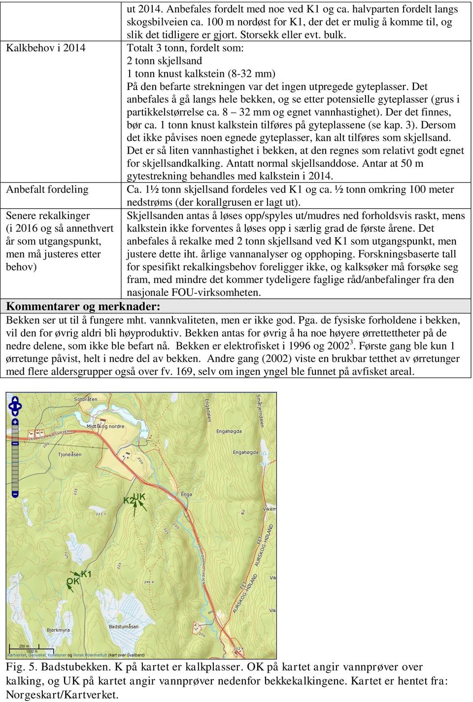 Totalt 3 tonn, fordelt som: 2 tonn skjellsand 1 tonn knust kalkstein (8-32 mm) På den befarte strekningen var det ingen utpregede gyteplasser.