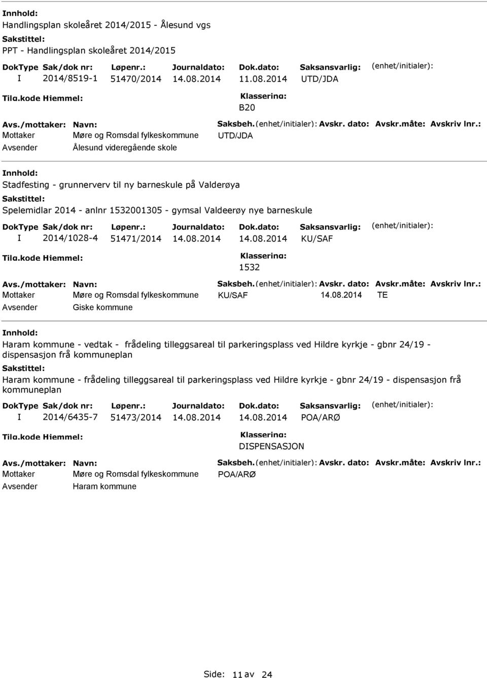 barneskule 2014/1028-4 51471/2014 K/SAF 1532 Avs./mottaker: Navn: Saksbeh. Avskr. dato: Avskr.måte: Avskriv lnr.