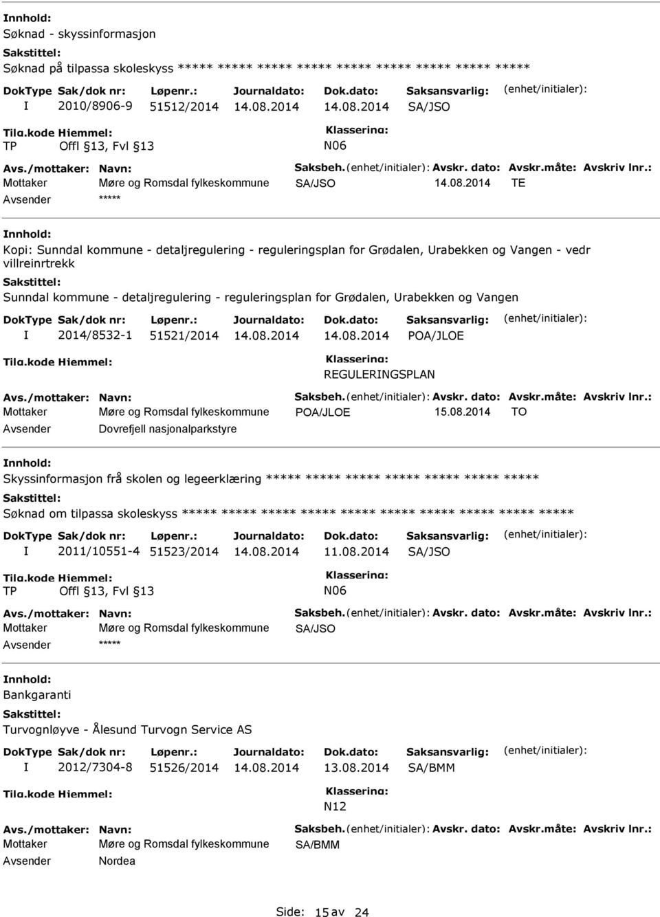 - reguleringsplan for Grødalen, rabekken og Vangen 2014/8532-1 51521/2014 POA/JOE REGERNGSPAN Avs./mottaker: Navn: Saksbeh. Avskr. dato: Avskr.måte: Avskriv lnr.