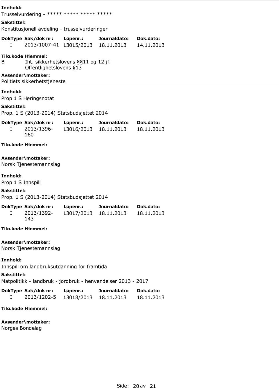 Offentlighetslovens 13 Politiets sikkerhetstjeneste Prop 1 S Høringsnotat 2013/1396-160 13016/2013 Norsk