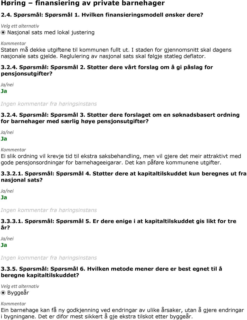 Reglulering av nasjonal sats skal følgje statleg deflator. 3.2.4. Spørsmål: Spørsmål 2. Støtter dere vårt forslag om å gi påslag for pensjonsutgifter? 3.2.4. Spørsmål: Spørsmål 3.