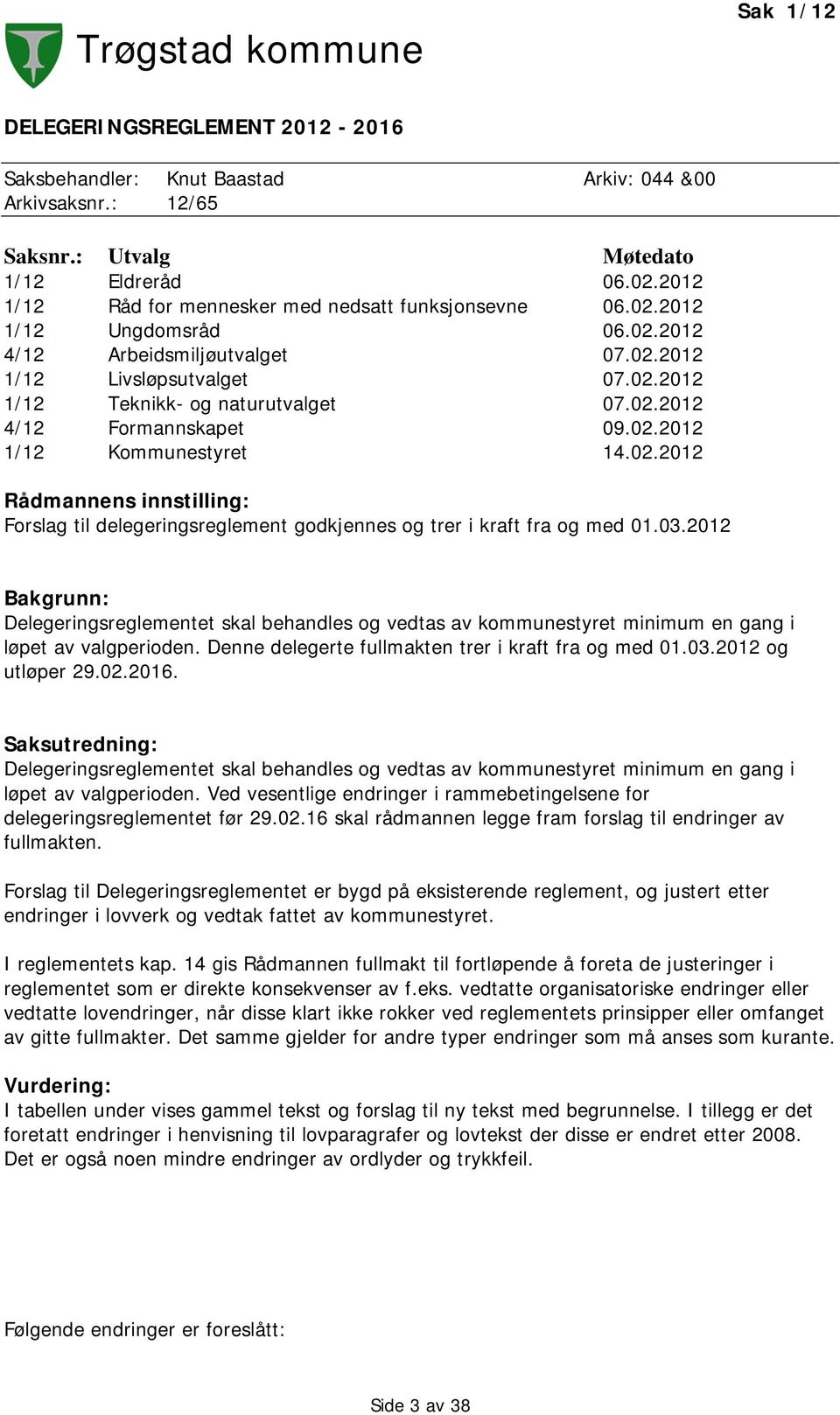 02.2012 1/12 Kommunestyret 14.02.2012 Rådmannens innstilling: Forslag til delegeringsreglement godkjennes og trer i kraft fra og med 01.03.