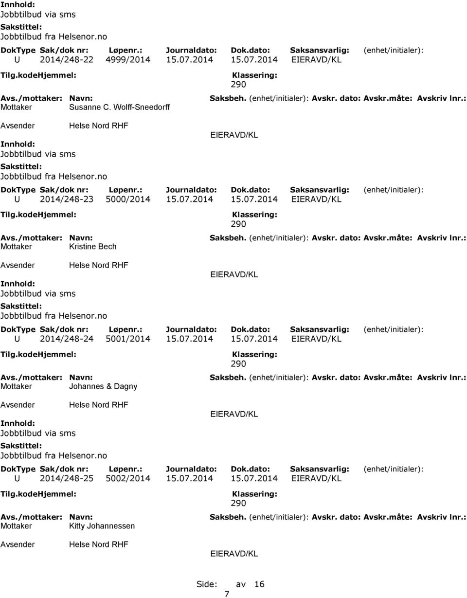 2014 15.07.2014 EIERAVD/KL Kristine Bech 290 Jobbtilbud via sms Jobbtilbud fra Helsenor.no EIERAVD/KL U 2014/248-24 5001/2014 15.07.2014 15.07.2014 EIERAVD/KL Johannes & Dagny 290 Jobbtilbud via sms Jobbtilbud fra Helsenor.