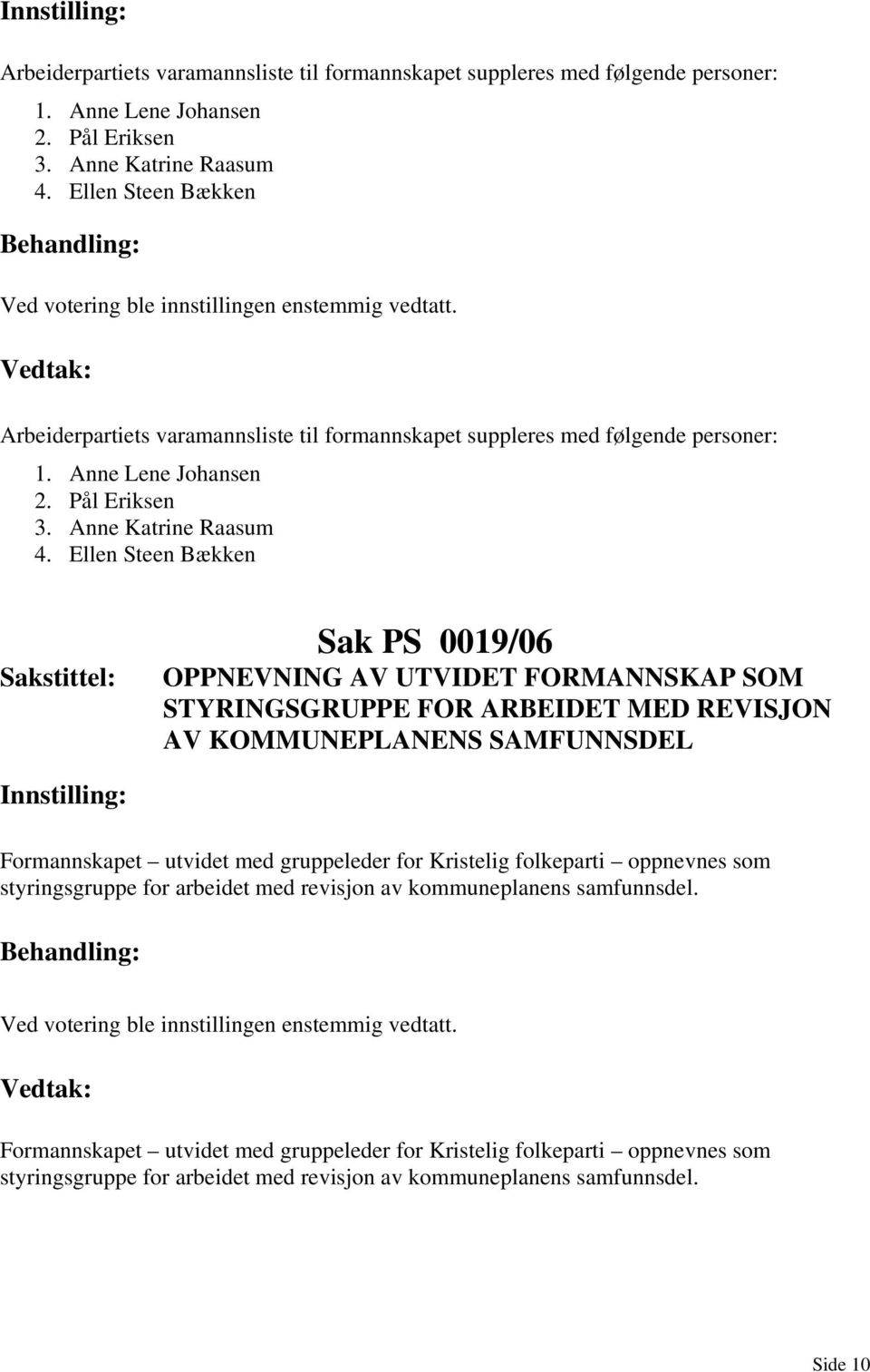 gruppeleder for Kristelig folkeparti oppnevnes som styringsgruppe for arbeidet med revisjon av kommuneplanens samfunnsdel.