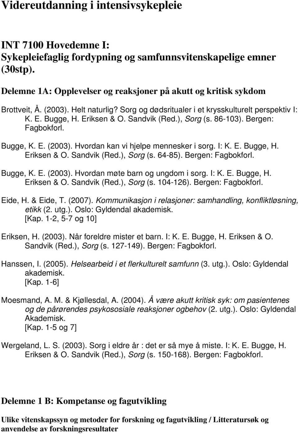 ), Sorg (s. 86-103). Bergen: Fagbokforl. Bugge, K. E. (2003). Hvordan kan vi hjelpe mennesker i sorg. I: K. E. Bugge, H. Eriksen & O. Sandvik (Red.), Sorg (s. 64-85). Bergen: Fagbokforl. Bugge, K. E. (2003). Hvordan møte barn og ungdom i sorg.
