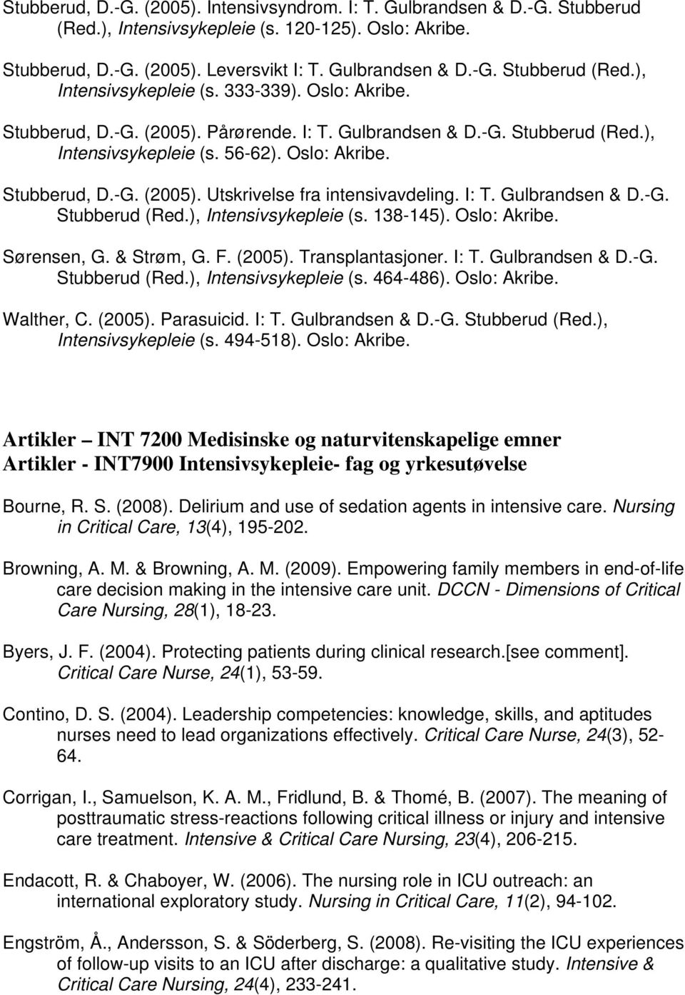 I: T. Gulbrandsen & D.-G. Stubberud (Red.), Intensivsykepleie (s. 138-145). Oslo: Akribe. Sørensen, G. & Strøm, G. F. (2005). Transplantasjoner. I: T. Gulbrandsen & D.-G. Stubberud (Red.), Intensivsykepleie (s. 464-486).
