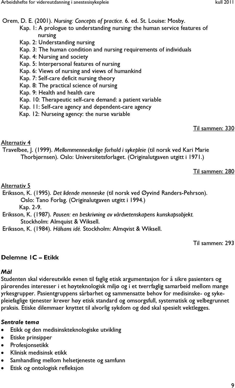 7: Self-care deficit nursing theory Kap. 8: The practical science of nursing Kap. 9: Health and health care Kap. 10: Therapeutic self-care demand: a patient variable Kap.