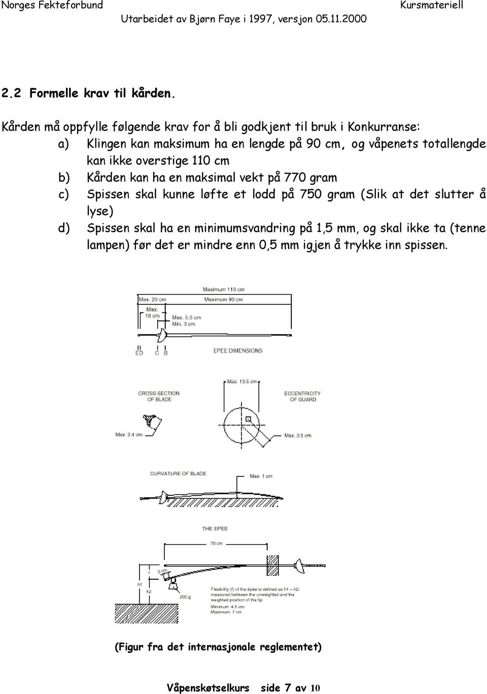 våpenets totallengde kan ikke overstige 110 cm b) Kården kan ha en maksimal vekt på 770 gram c) Spissen skal kunne løfte et lodd på