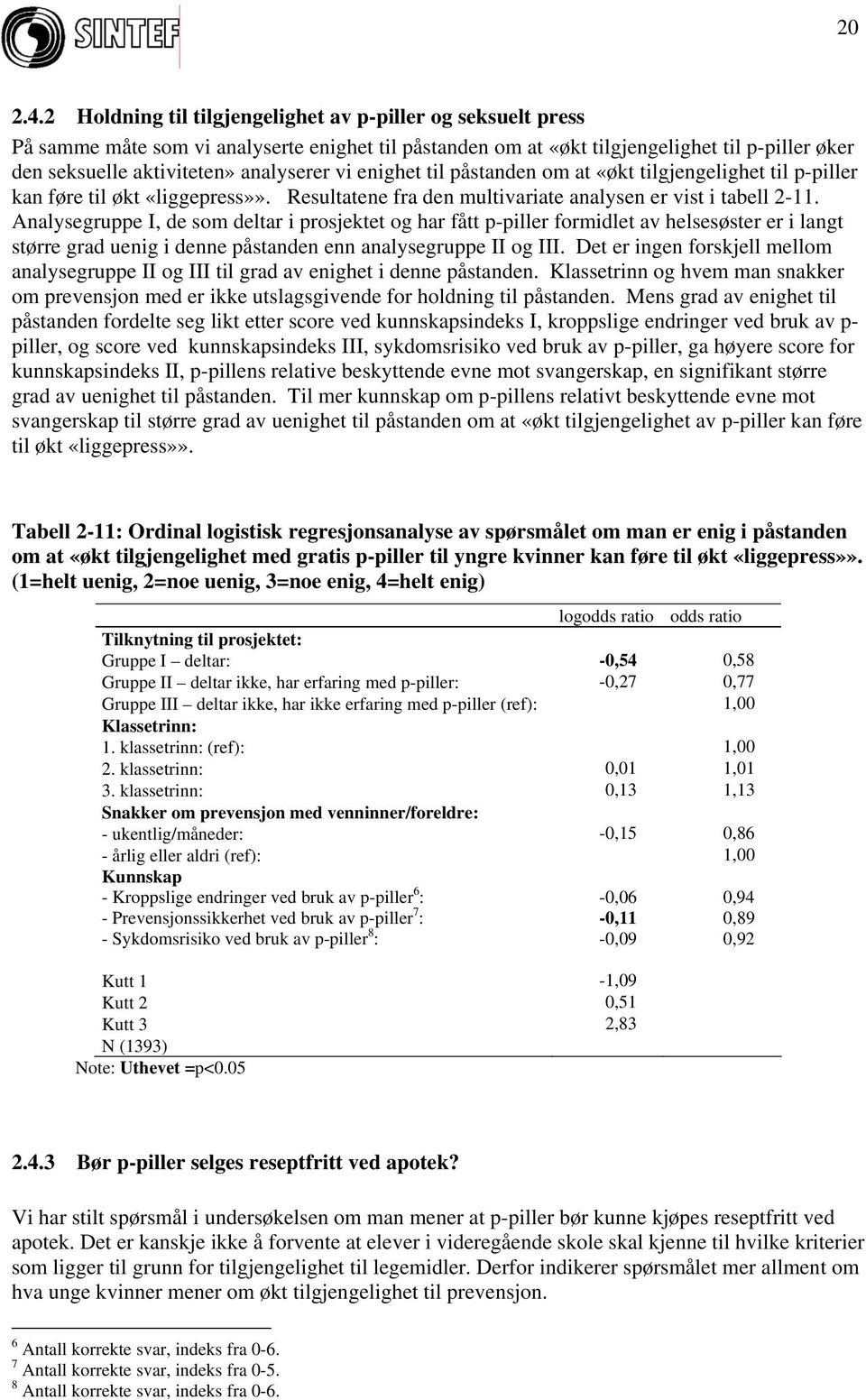 vi enighet til påstanden om at «økt tilgjengelighet til p-piller kan føre til økt «liggepress»». Resultatene fra den multivariate analysen er vist i tabell 2-11.