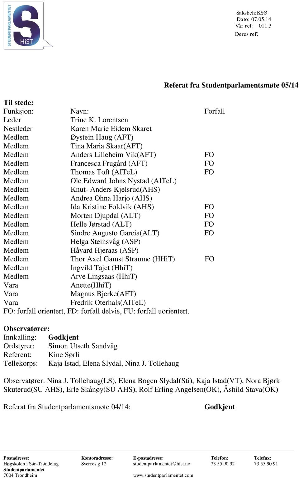 Medlem Ole Edward Johns Nystad (AITeL) Medlem Knut- Anders Kjelsrud(AHS) Medlem Andrea Ohna Harjo (AHS) Medlem Ida Kristine Foldvik (AHS) FO Medlem Morten Djupdal (ALT) FO Medlem Helle Jørstad (ALT)