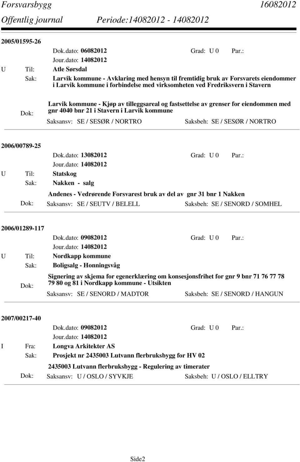 - Kjøp av tilleggsareal og fastsettelse av grenser for eiendommen med gnr 4040 bnr 21 i Stavern i Larvik kommune 2006/00789-25 Dok.dato: 13082012 Grad: U 0 Par.