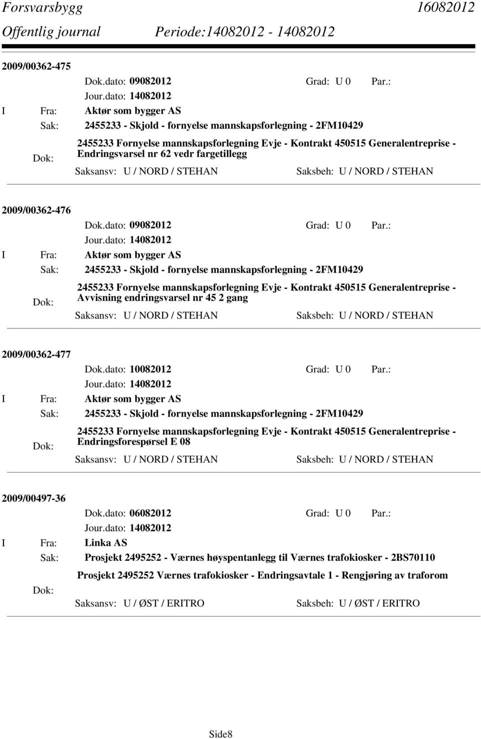 2FM10429 2455233 Fornyelse mannskapsforlegning Evje - Kontrakt 450515 Generalentreprise - Avvisning endringsvarsel nr 45 2 gang Saksansv: U / NORD / STEHAN Saksbeh: U / NORD / STEHAN 2009/00362-477