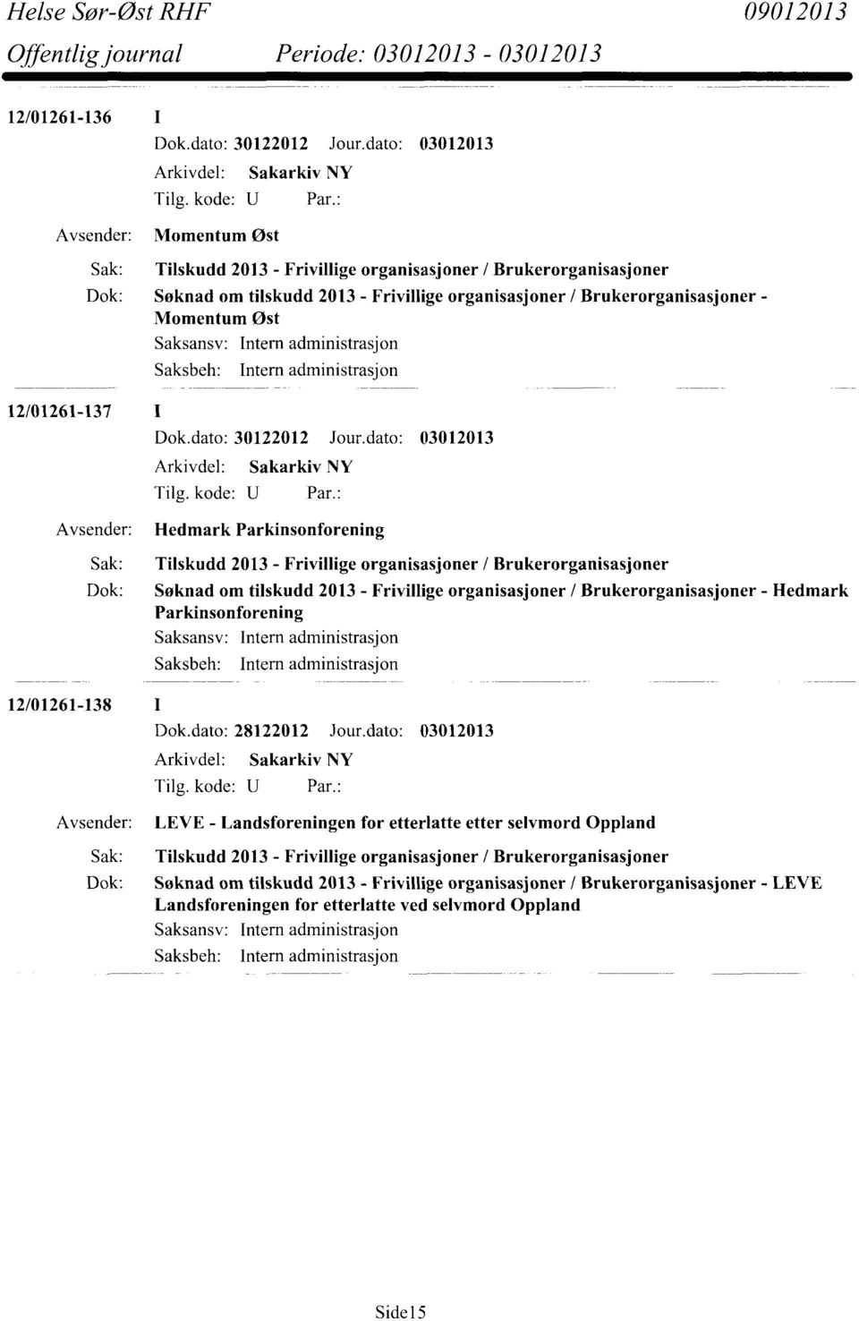 dato: 03012013 Hedmark Parkinsonforening 12/01261-138 I Hedmark Parkinsonforening Dok.dato: 28122012 Jour.