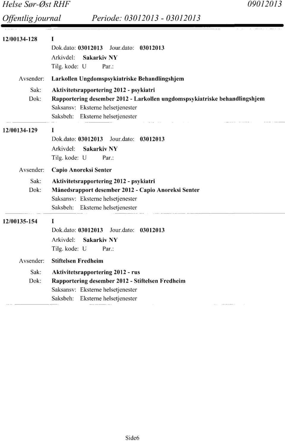 Larkollen ungdomspsykiatriske behandlingshjem Eksterne helsetjenester Eksterne helsetjenester 12/00134-129 Capio Anoreksi Senter Sak: Aktivitetsrapportering