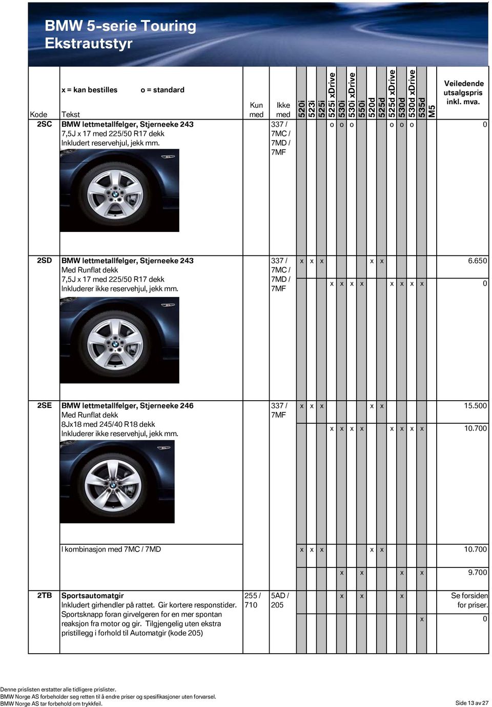 650 0 2SE BMW lettmetallfelger, Stjerneeke 246 Med Runflat dekk 8J18 245/40 R18 dekk Inkluderer ikke reservehjul, jekk mm. 15.500 10.700 I kombinasjon 7MD 10.700 9.