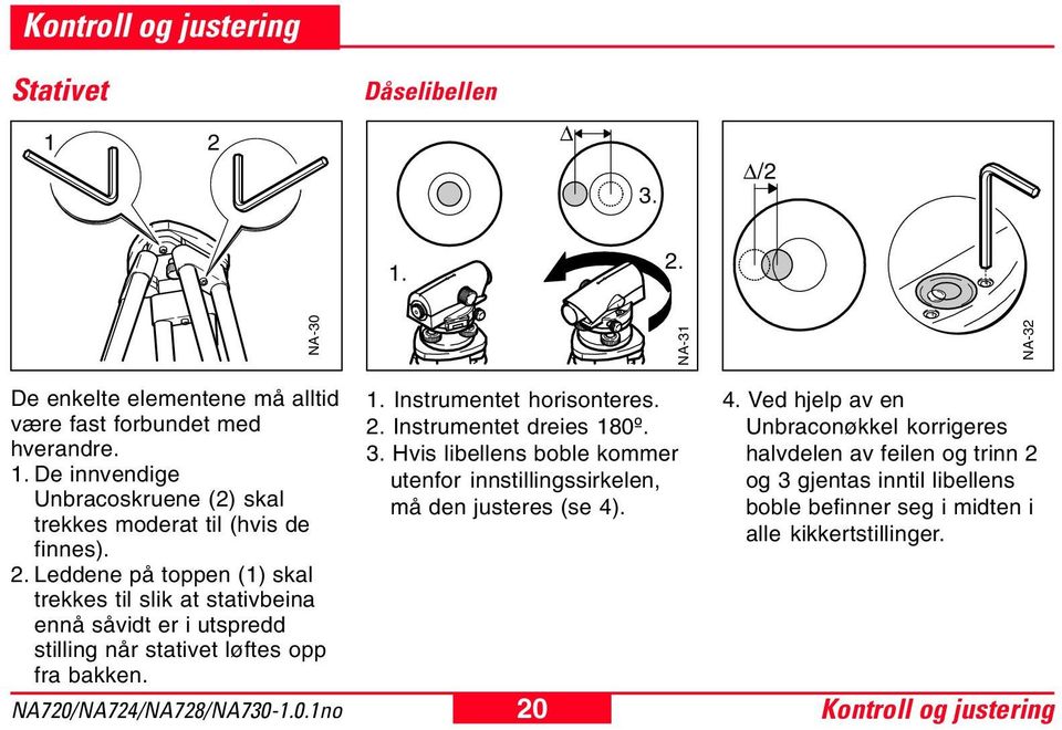 Instrumentet dreies 180º. 3. Hvis libellens boble kommer utenfor innstillingssirkelen, må den justeres (se 4). 20 4.