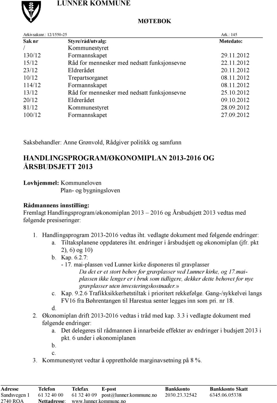 09.2012 Saksbehandler: Anne Grønvold, Rådgiver politikk og samfunn HANDLINGSPROGRAM/ØKONOMIPLAN 2013-2016 OG ÅRSBUDSJETT 2013 Lovhjemmel: Kommuneloven Plan- og bygningsloven Rådmannens innstilling: