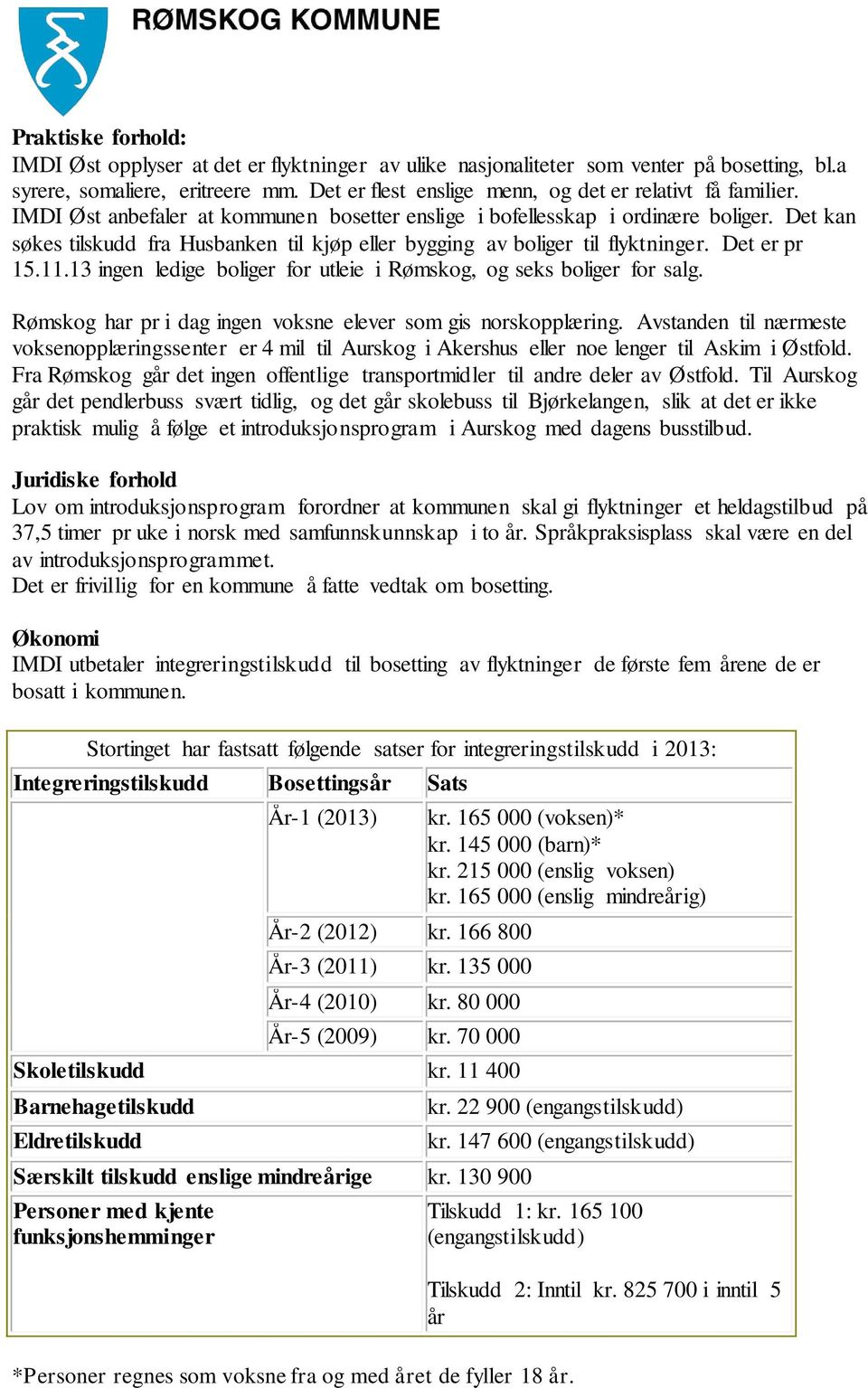 Det kan søkes tilskudd fra Husbanken til kjøp eller bygging av boliger til flyktninger. Det er pr 15.11.13 ingen ledige boliger for utleie i Rømskog, og seks boliger for salg.