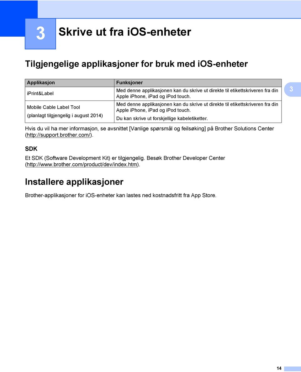 Med denne  Du kan skrive ut forskjellige kabeletiketter. Hvis du vil ha mer informasjon, se avsnittet [Vanlige spørsmål og feilsøking] på Brother Solutions Center (http://support.brother.com/).