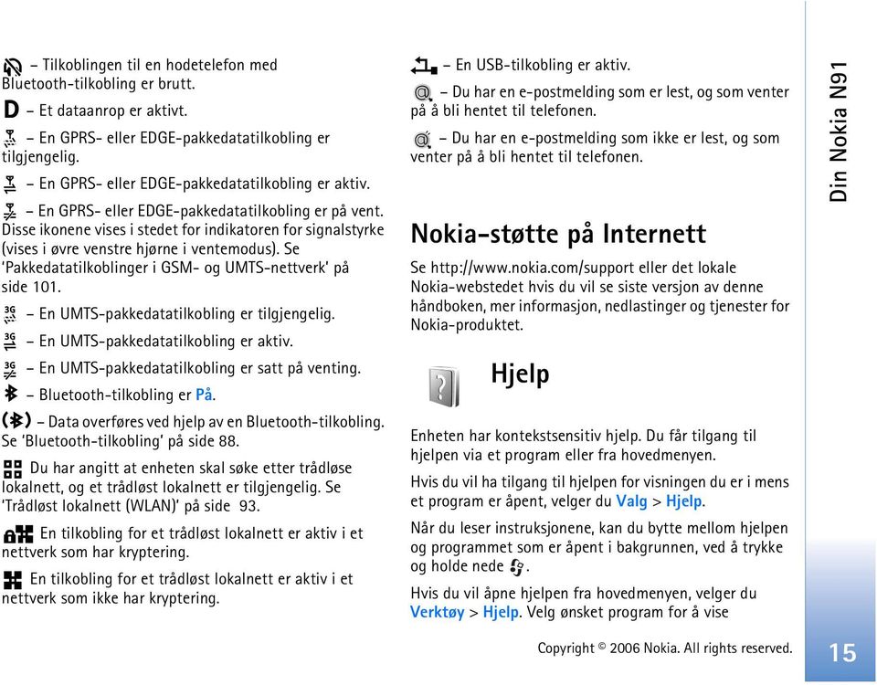 Se Pakkedatatilkoblinger i GSM- og UMTS-nettverk på side 101. En UMTS-pakkedatatilkobling er tilgjengelig. En UMTS-pakkedatatilkobling er aktiv. En UMTS-pakkedatatilkobling er satt på venting.