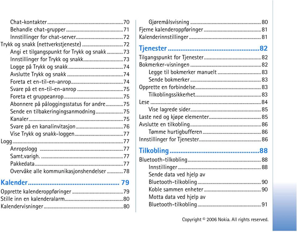 ..75 Sende en tilbakeringingsanmodning...75 Kanaler...75 Svare på en kanalinvitasjon...76 Vise Trykk og snakk-loggen...77 Logg...77 Anropslogg...77 Samt.varigh....77 Pakkedata.