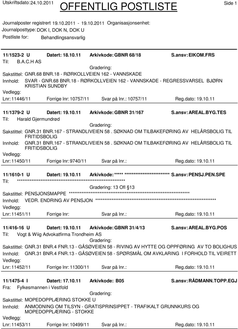 dato: 19.10.11 11/1379-2 U Datert: 19.10.11 Arkivkode:GBNR 31/167 S.ansv: AREAL.BYG.TES Til: Harald Gjermundrød Sakstittel: GNR.31 BNR.167 - STRANDLIVEIEN 58.