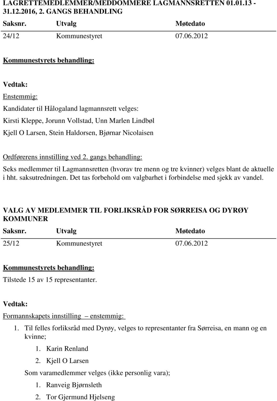 gangs behandling: Seks medlemmer til Lagmannsretten (hvorav tre menn og tre kvinner) velges blant de aktuelle i hht. saksutredningen. Det tas forbehold om valgbarhet i forbindelse med sjekk av vandel.