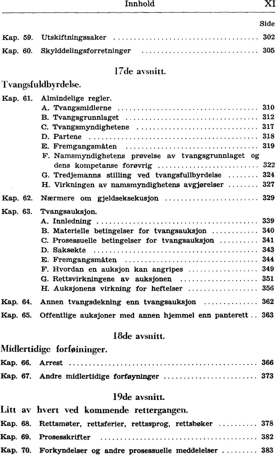 Virkningen av namsmyndighetens avgjørelser 327 Kap. 62. Nærmere om gjeldseksekusjon 329 Kap. 63. Tvangsauksjon. A. Innledning 339 B. Materielle betingelser for tvangsauksjon 340 C.