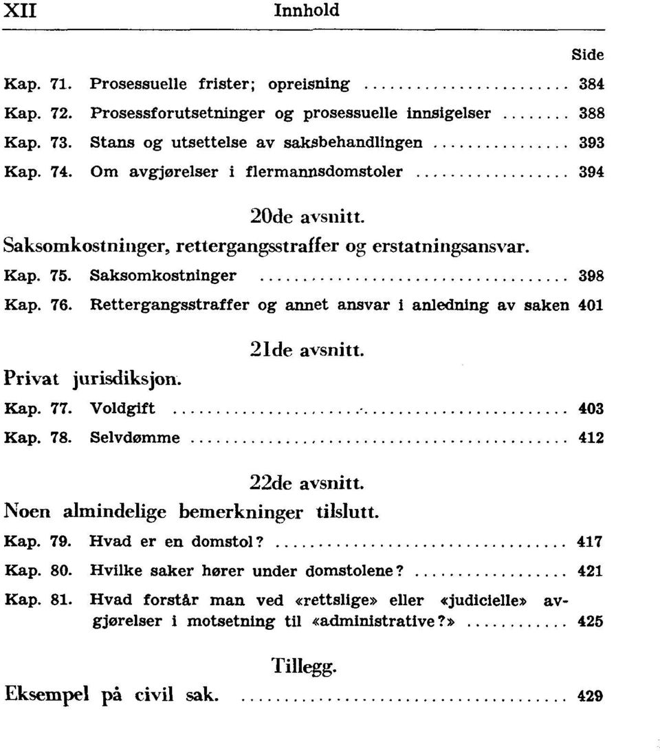 Rettergangsstraffer og annet ansvar i anledning av saken 401 Privat jurisdiksjon. 21de avsnitt. Kap. 77. Voldgift 403 Kap. 78. Selvdømme 412 22de avsnitt.