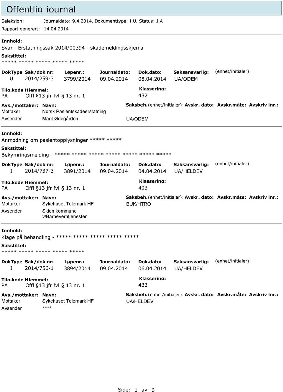 2014 UA/ODEM 432 Mottaker Norsk asientskadeerstatning Avsender Marit Ødegården UA/ODEM nnhold: Anmodning om pasientopplysninger ***** ***** Bekymringsmelding -