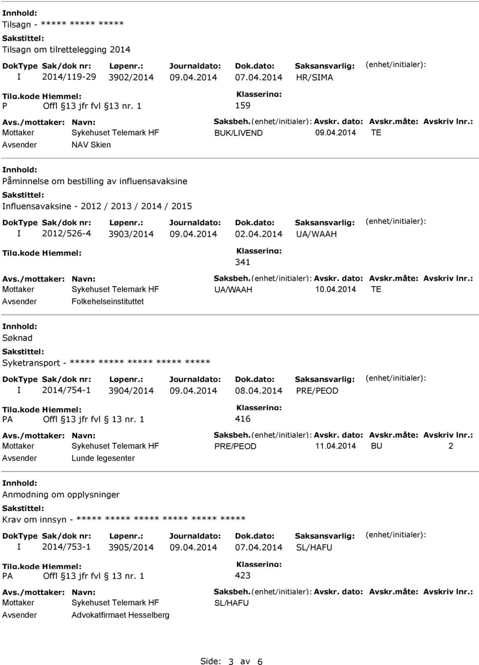 2014 UA/WAAH 341 UA/WAAH 10.04.2014 TE Avsender Folkehelseinstituttet nnhold: Søknad Syketransport - ***** ***** ***** ***** ***** 2014/754-1 3904/2014 08.04.2014 11.