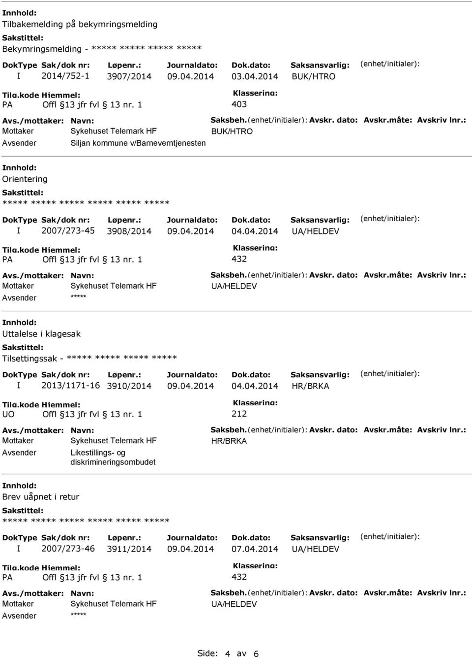 2007/273-45 3908/2014 432 nnhold: Uttalelse i klagesak Tilsettingssak - ***** ***** ***** ***** 2013/1171-16 3910/2014 HR/BRKA UO 212