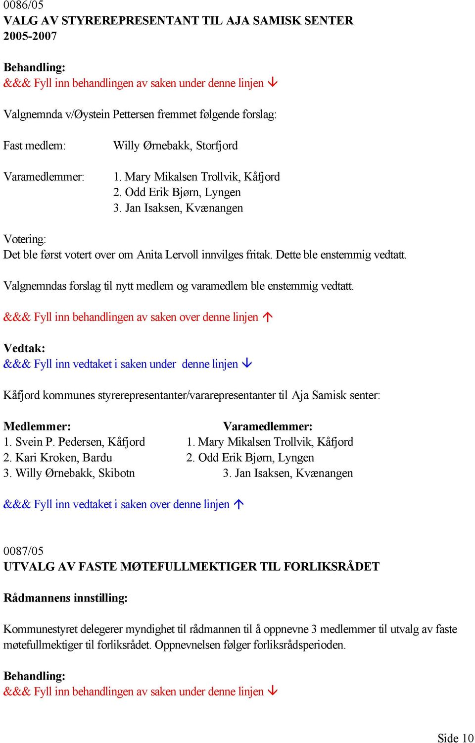 Valgnemndas forslag til nytt medlem og varamedlem ble enstemmig vedtatt. Kåfjord kommunes styrerepresentanter/vararepresentanter til Aja Samisk senter: Medlemmer: Varamedlemmer: 1. Svein P.