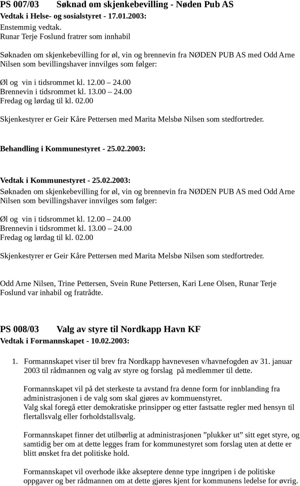 12.00 24.00 Brennevin i tidsrommet kl. 13.00 24.00 Fredag og lørdag til kl. 02.00 Skjenkestyrer er Geir Kåre Pettersen med Marita Melsbø Nilsen som stedfortreder.