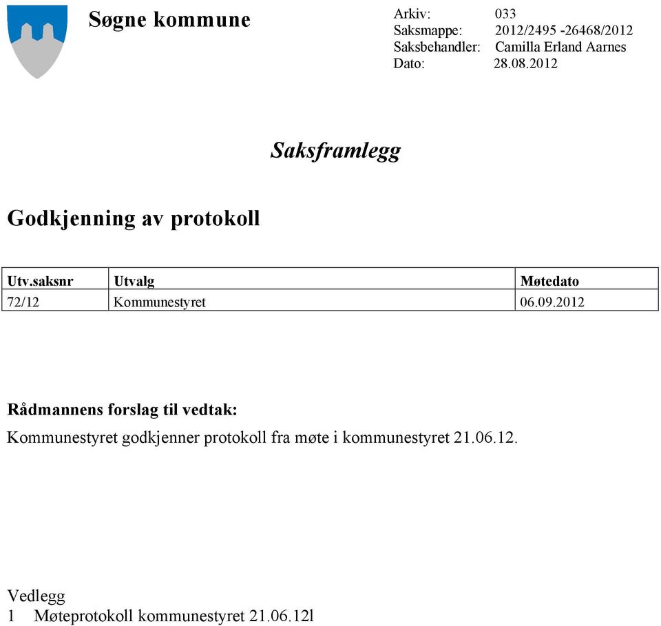 saksnr Utvalg Møtedato 72/12 Kommunestyret 06.09.