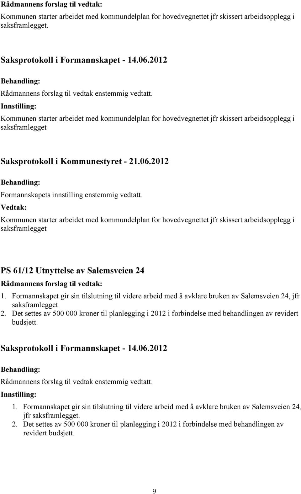 Kommunen starter arbeidet med kommundelplan for hovedvegnettet jfr skissert arbeidsopplegg i saksframlegget PS 61/12 Utnyttelse av Salemsveien 24 1.