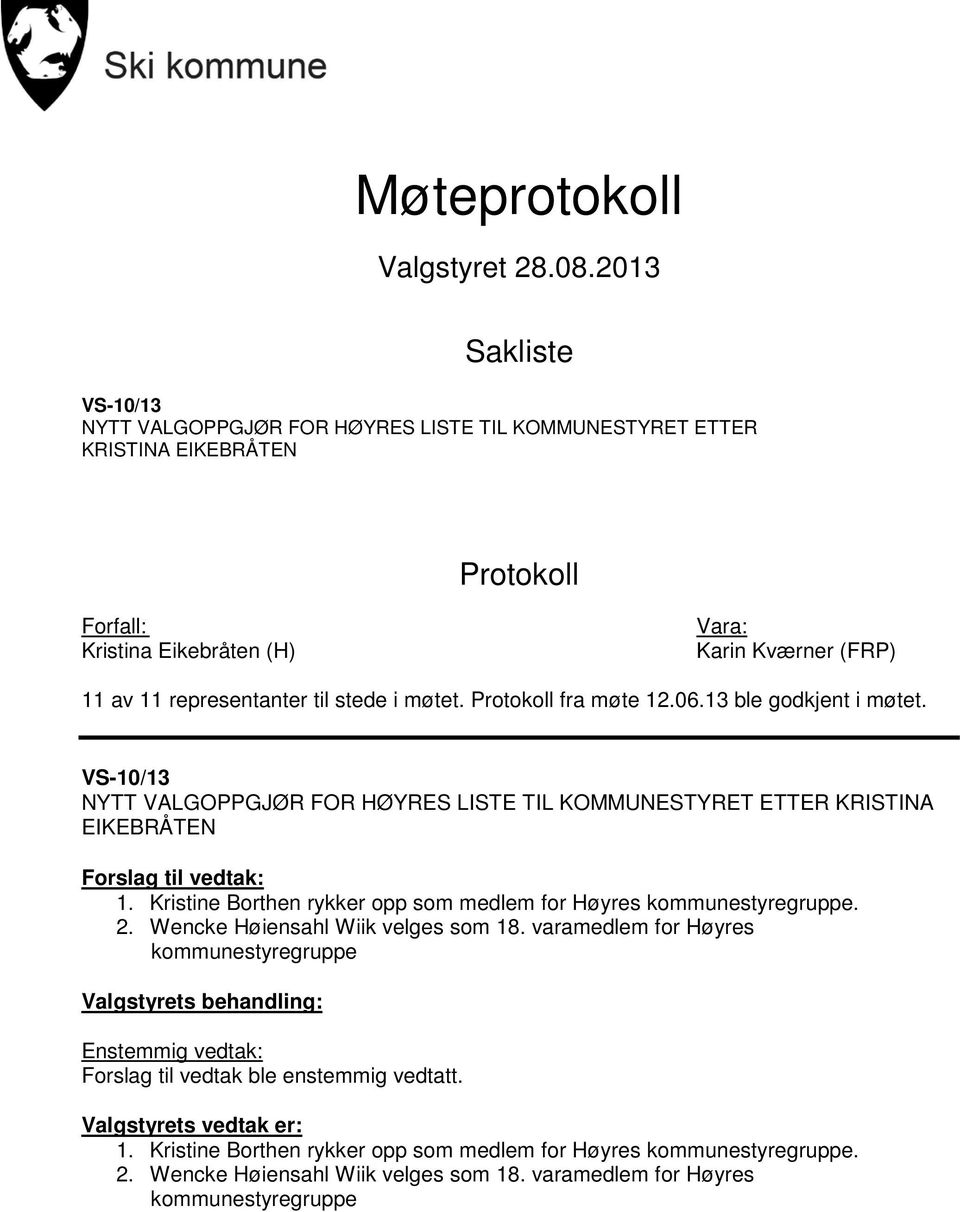 stede i møtet. Protokoll fra møte 12.06.13 ble godkjent i møtet. VS-10/13 NYTT VALGOPPGJØR FOR HØYRES LISTE TIL KOMMUNESTYRET ETTER KRISTINA EIKEBRÅTEN Forslag til vedtak: 1.