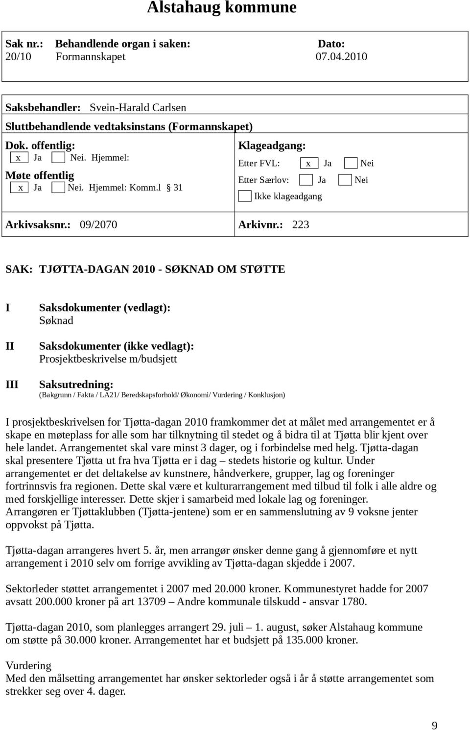 : 223 SAK: TJØTTA-DAGAN 2010 - SØKNAD OM STØTTE I II III Saksdokumenter (vedlagt): Søknad Saksdokumenter (ikke vedlagt): Prosjektbeskrivelse m/budsjett Saksutredning: (Bakgrunn / Fakta / LA21/